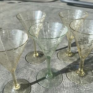Set Of 5 Vintage Hand Blown Art Glass Martini Glasses Bullicante Bubble Stemware